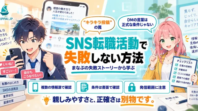 「SNS転職活動で失敗しない方法」を紹介するSHIPPAI.JPの記事アイキャッチ。スマホのSNS画面に高揚するまなぶと、チェックリストを手に促すみらいのイラスト