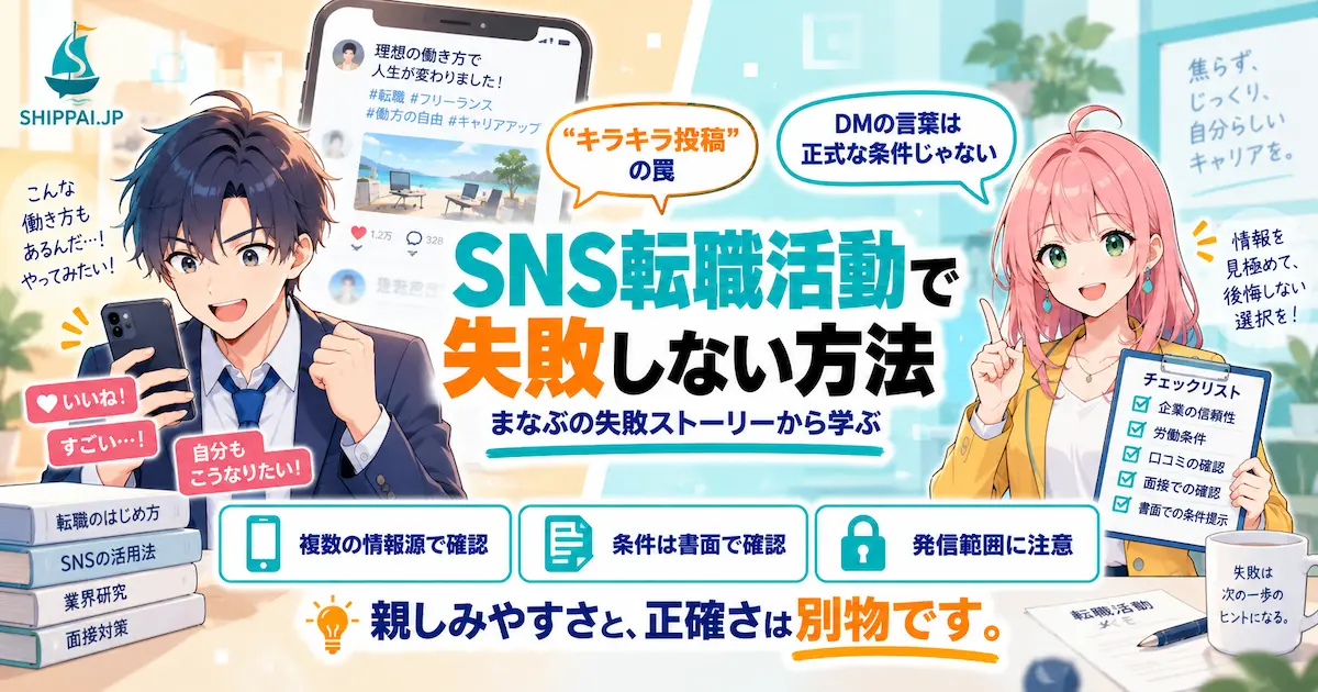「SNS転職活動で失敗しない方法」を紹介するSHIPPAI.JPの記事アイキャッチ。スマホのSNS画面に高揚するまなぶと、チェックリストを手に促すみらいのイラスト