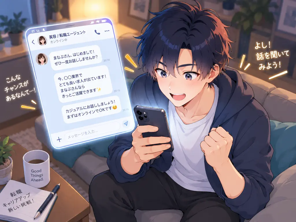 自宅のソファで、SNSのダイレクトメッセージ画面を見つめ高揚した表情を浮かべるまなぶの挿絵