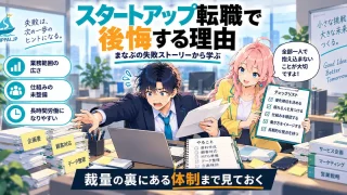 スタートアップ転職で後悔する理由を紹介するSHIPPAI.JPの記事アイキャッチ。複数のタスクに囲まれ困惑するまなぶと、解説するみらいのイラスト付き