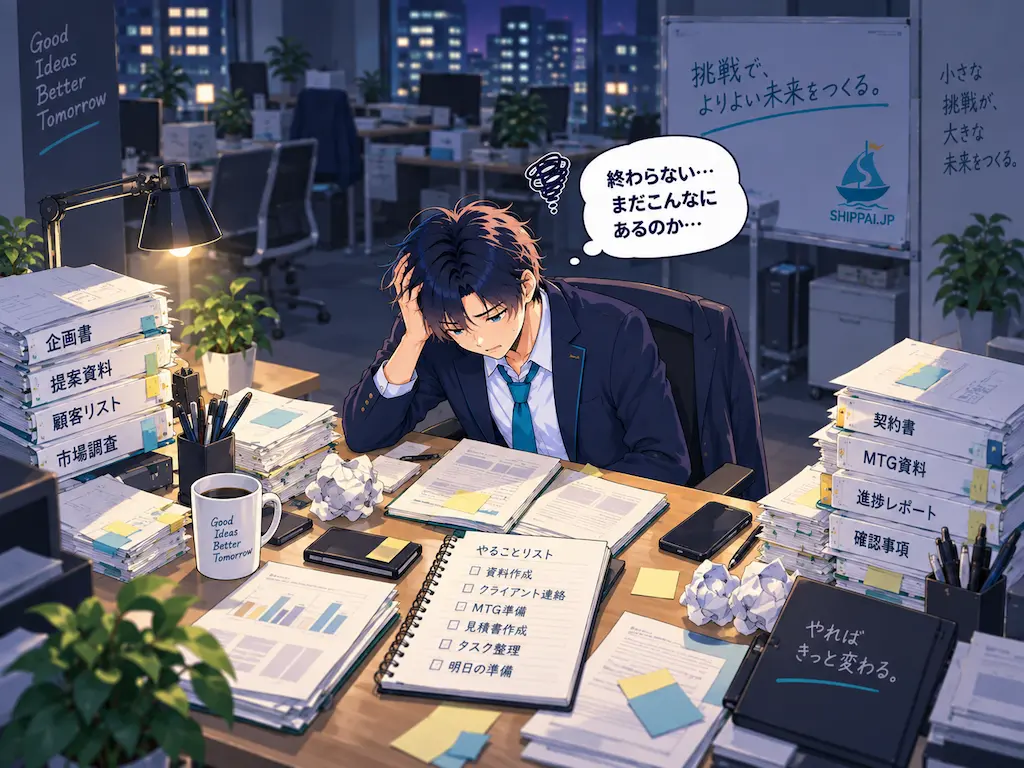 深夜のオフィスで山積みのタスクに囲まれ疲弊するまなぶ。スタートアップ転職の後悔を表すイラスト