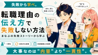 転職理由の伝え方で失敗しない方法を紹介するSHIPPAI.JPの記事アイキャッチ。まなぶとみらいのイラスト付き