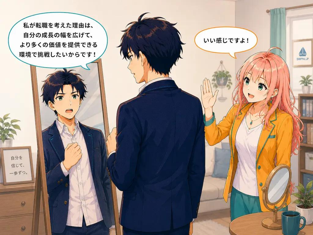 鏡の前で転職理由を練習するまなぶと、ハイタッチを求めて励ますみらいのイラスト