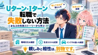 「Uターン・Iターン転職で失敗しない方法」を紹介するSHIPPAI.JPの記事アイキャッチ。地方オフィスの窓辺で複雑な表情を浮かべるまなぶと、寄り添うみらいのイラスト