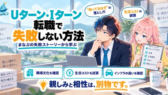 「Uターン・Iターン転職で失敗しない方法」を紹介するSHIPPAI.JPの記事アイキャッチ。地方オフィスの窓辺で複雑な表情を浮かべるまなぶと、寄り添うみらいのイラスト