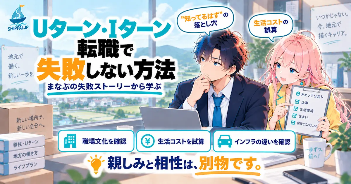 「Uターン・Iターン転職で失敗しない方法」を紹介するSHIPPAI.JPの記事アイキャッチ。地方オフィスの窓辺で複雑な表情を浮かべるまなぶと、寄り添うみらいのイラスト