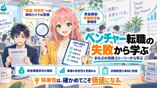 「ベンチャー転職の失敗から学ぶ」を紹介するSHIPPAI.JPの記事アイキャッチ。案内するみらいと、通知を手に困惑するまなぶのイラスト