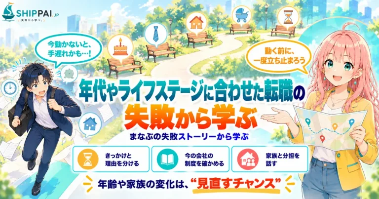 年代やライフステージに合わせた転職の失敗から学ぶポイントを紹介するSHIPPAI.JPの記事アイキャッチ。まなぶとみらいのイラスト付き