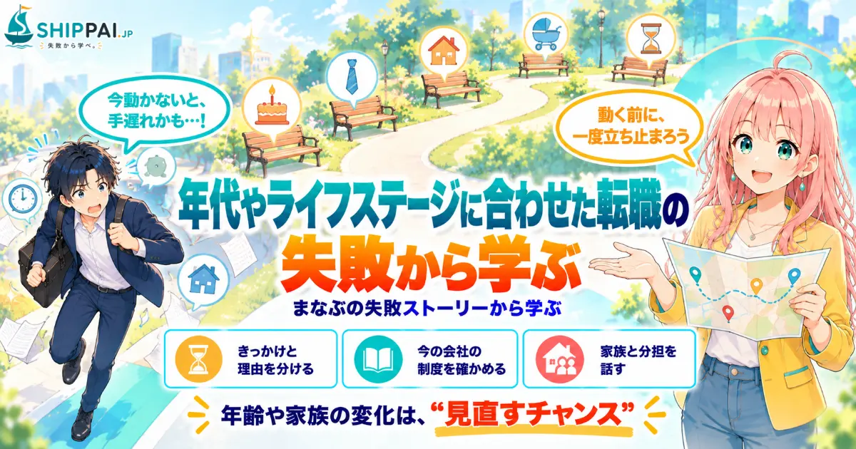 年代やライフステージに合わせた転職の失敗から学ぶポイントを紹介するSHIPPAI.JPの記事アイキャッチ。まなぶとみらいのイラスト付き