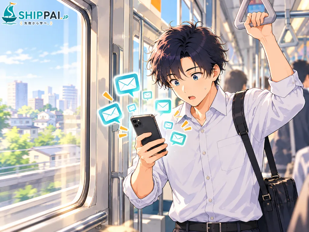 転職エージェントとの初回面談の翌朝、通勤電車の中で、次々に届く30件近い求人の紹介にスマートフォンを見て戸惑うまなぶのイラスト