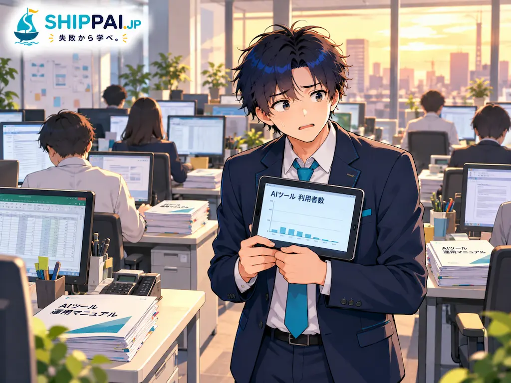 夕方のオフィスで、導入したAIツールがほとんど使われていないことに気づき、タブレットを手に肩を落とすまなぶのイラスト