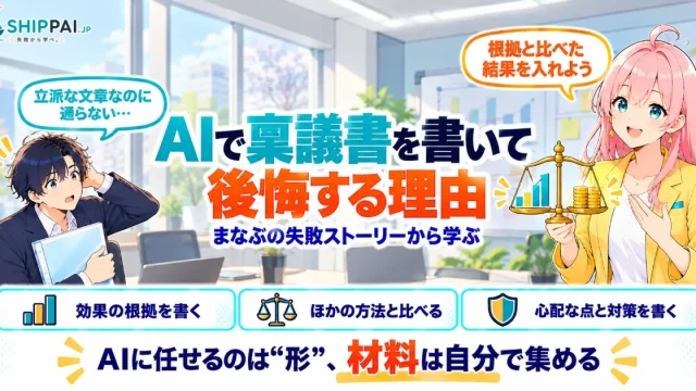 AIで稟議書を書いて後悔する理由を紹介するSHIPPAI.JPの記事アイキャッチ。まなぶとみらいのイラスト付き