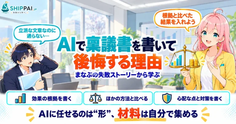 AIで稟議書を書いて後悔する理由を紹介するSHIPPAI.JPの記事アイキャッチ。まなぶとみらいのイラスト付き