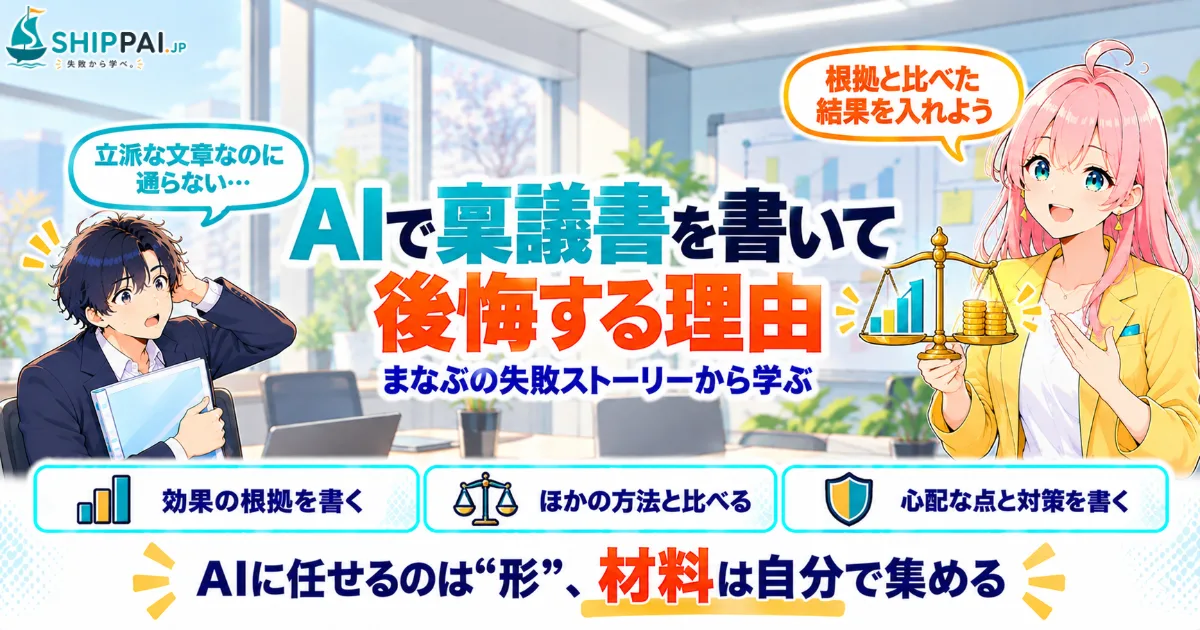 AIで稟議書を書いて後悔する理由を紹介するSHIPPAI.JPの記事アイキャッチ。まなぶとみらいのイラスト付き