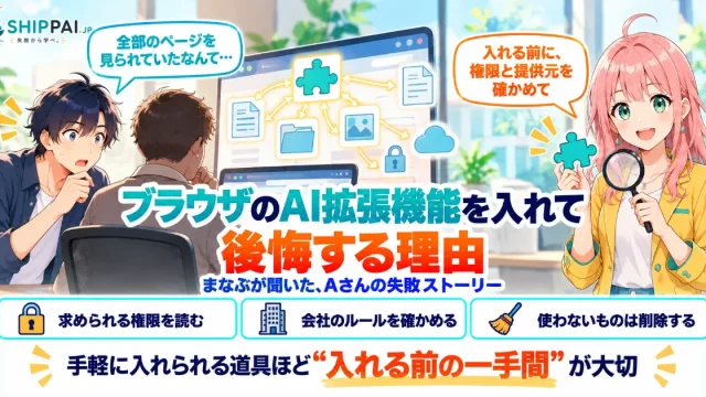 ブラウザのAI拡張機能を入れて後悔する理由を紹介するSHIPPAI.JPの記事アイキャッチ。まなぶとみらいのイラスト付き