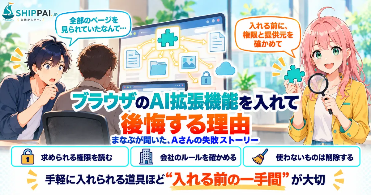 ブラウザのAI拡張機能を入れて後悔する理由を紹介するSHIPPAI.JPの記事アイキャッチ。まなぶとみらいのイラスト付き