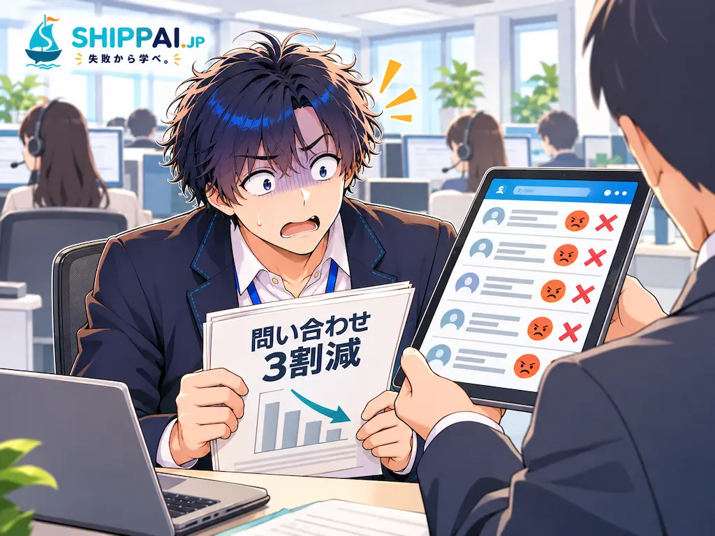 カスタマーサポートのリーダーからSNSに並ぶお客さまの不満の声を見せられ、報告資料を手に固まるまなぶのイラスト