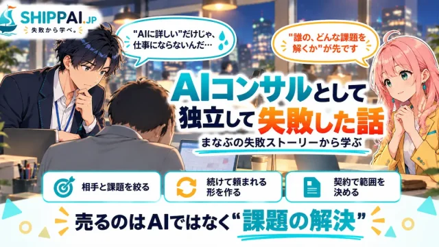 AIコンサルとして独立して失敗した話を紹介するSHIPPAI.JPの記事アイキャッチ。まなぶとみらいのイラスト付き