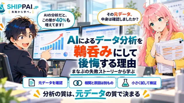 AIによるデータ分析を鵜呑みにして後悔する理由を紹介するSHIPPAI.JPの記事アイキャッチ。まなぶとみらいのイラスト付き