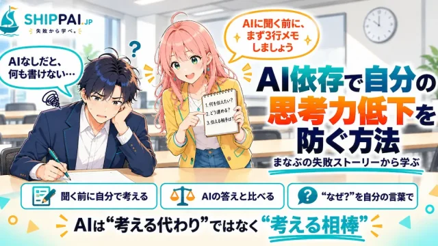 AI依存で自分の思考力低下を防ぐ方法を紹介するSHIPPAI.JPの記事アイキャッチ。まなぶとみらいのイラスト付き