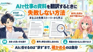 AIで仕事の資料を翻訳するときに失敗しない方法を紹介するSHIPPAI.JPの記事アイキャッチ。まなぶとみらいのイラスト付き