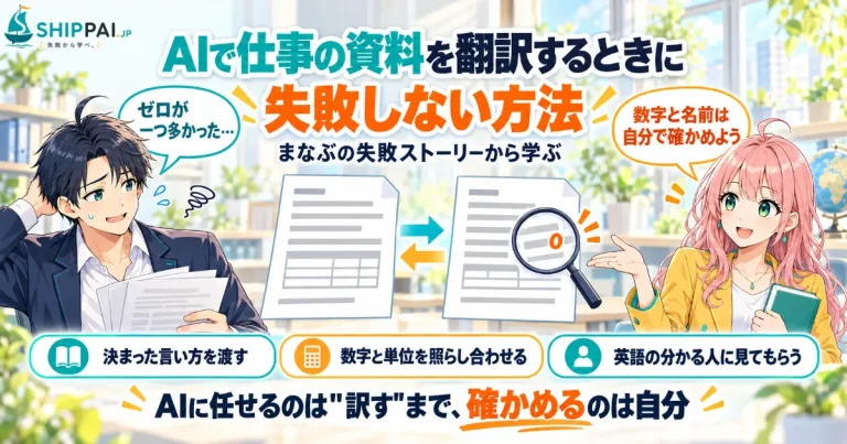 AIで仕事の資料を翻訳するときに失敗しない方法を紹介するSHIPPAI.JPの記事アイキャッチ。まなぶとみらいのイラスト付き