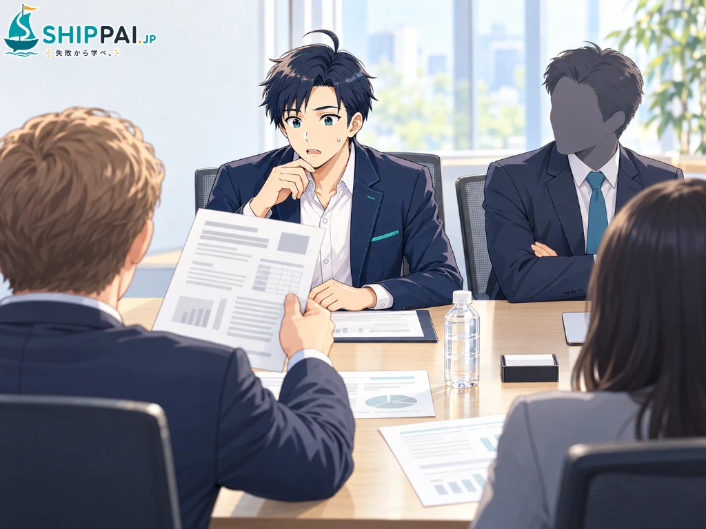 海外の協力会社との打ち合わせで、翻訳した資料の数字について聞かれ、冷や汗をかくまなぶのイラスト