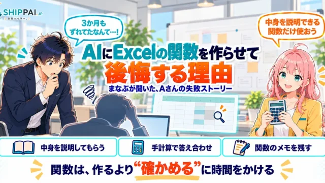 AIにExcelの関数を作らせて後悔する理由を紹介するSHIPPAI.JPの記事アイキャッチ。まなぶとみらいのイラスト付き