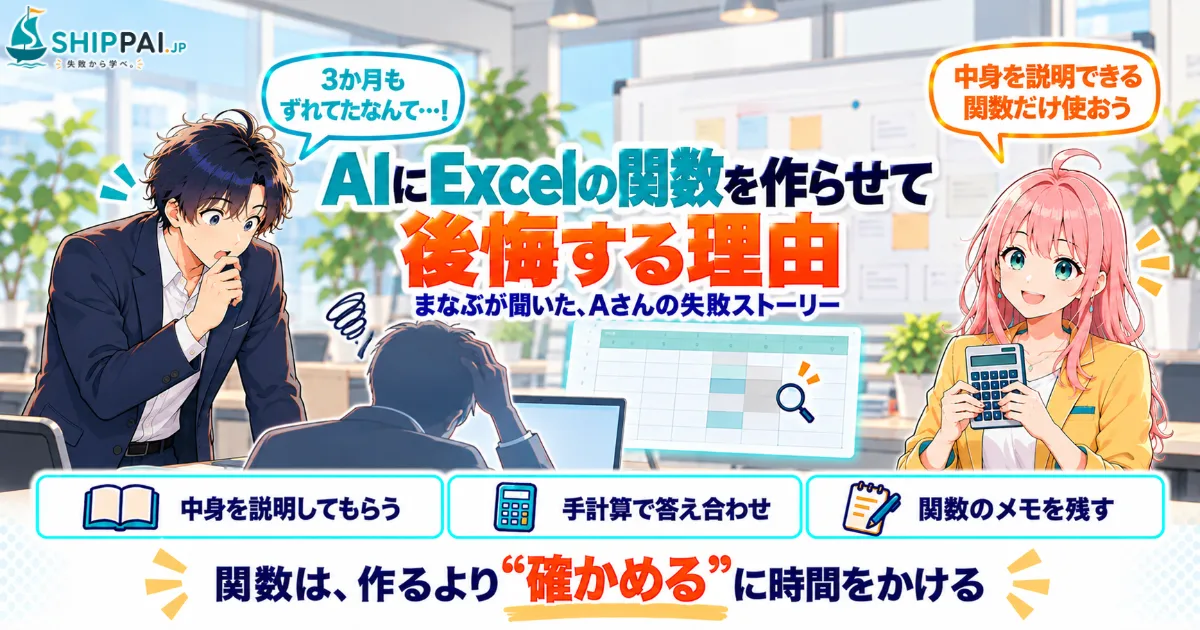 AIにExcelの関数を作らせて後悔する理由を紹介するSHIPPAI.JPの記事アイキャッチ。まなぶとみらいのイラスト付き