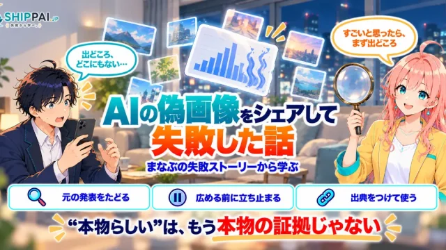 AIの偽画像をシェアして失敗した話を紹介するSHIPPAI.JPの記事アイキャッチ。まなぶとみらいのイラスト付き