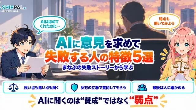 AIに意見を求めて失敗する人の特徴5選を紹介するSHIPPAI.JPの記事アイキャッチ。まなぶとみらいのイラスト付き