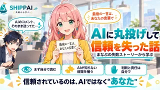 AIに丸投げして信頼を失った話を紹介するSHIPPAI.JPの記事アイキャッチ。まなぶとみらいのイラスト付き