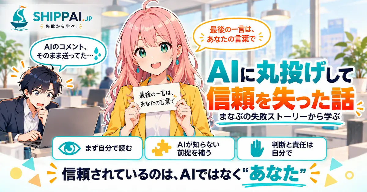 AIに丸投げして信頼を失った話を紹介するSHIPPAI.JPの記事アイキャッチ。まなぶとみらいのイラスト付き