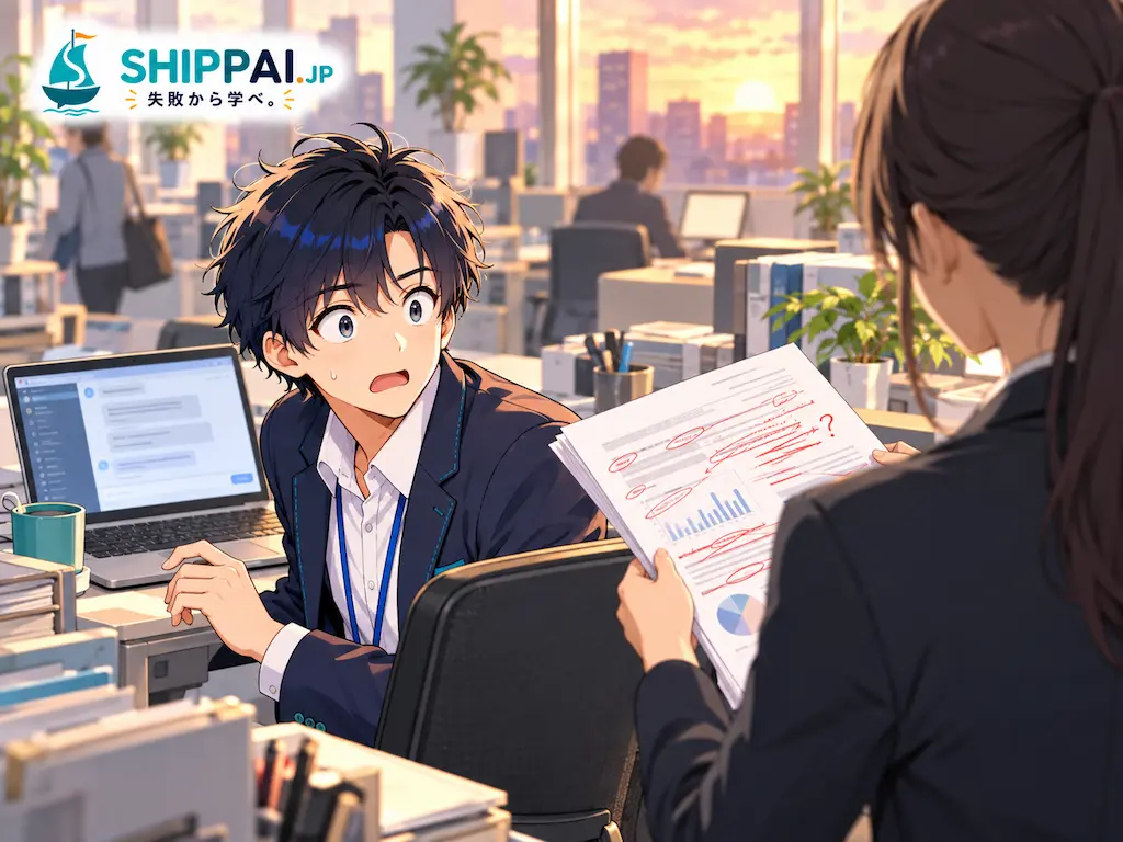 夕方のオフィスで、新人から赤ペンの入った資料を差し出され、AIのコメントをそのまま送っていたと気づき凍りつくまなぶのイラスト