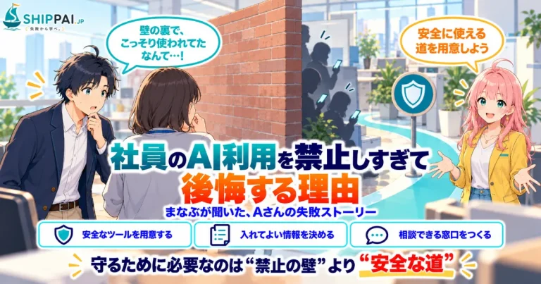 社員のAI利用を禁止しすぎて後悔する理由を紹介するSHIPPAI.JPの記事アイキャッチ。まなぶとみらいのイラスト付き