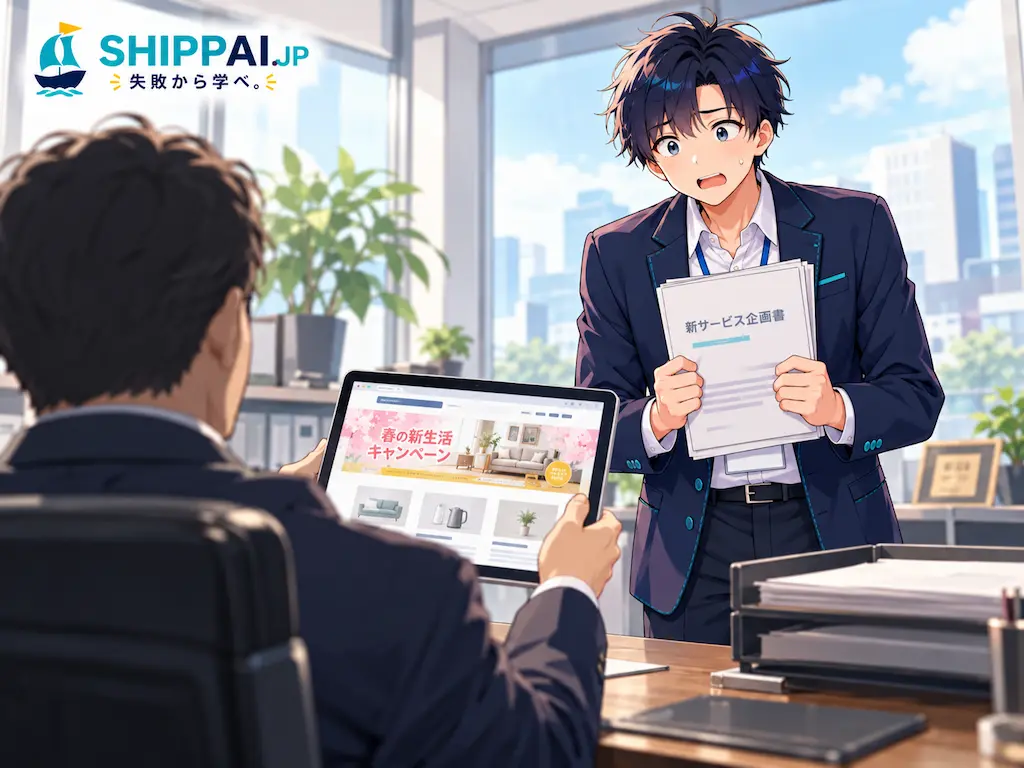 部長の席の前で、企画が競合とほぼ同じだとタブレットで示され、企画書を手に言葉を失うまなぶのイラスト