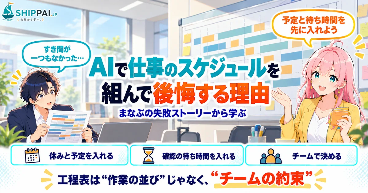 AIで仕事のスケジュールを組んで後悔する理由を紹介するSHIPPAI.JPの記事アイキャッチ。まなぶとみらいのイラスト付き