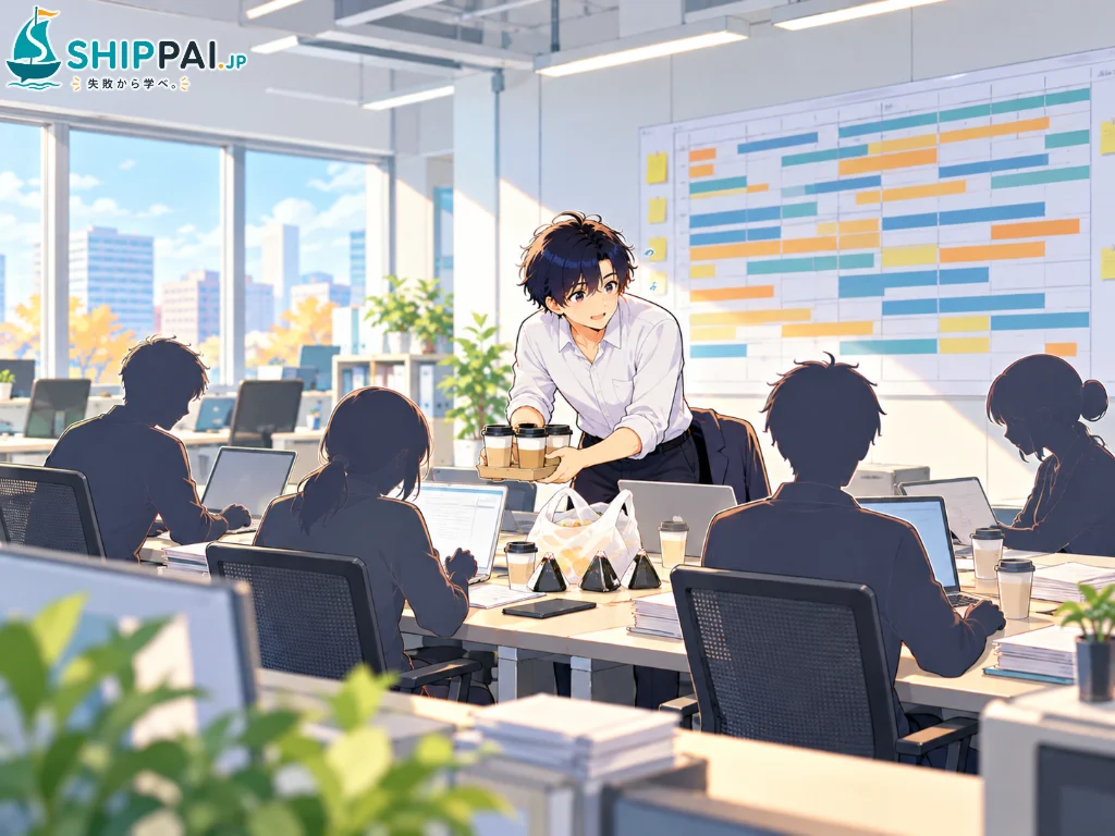 週末のオフィスで作業するチームのメンバーに、申し訳なさそうに差し入れを配るまなぶのイラスト