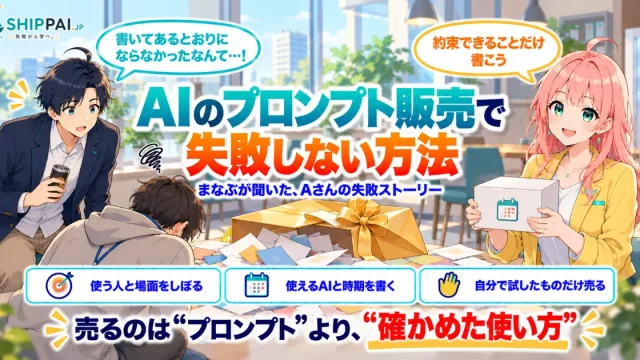 AIのプロンプト販売で失敗しない方法を紹介するSHIPPAI.JPの記事アイキャッチ。まなぶとみらいのイラスト付き