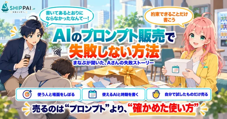 AIのプロンプト販売で失敗しない方法を紹介するSHIPPAI.JPの記事アイキャッチ。まなぶとみらいのイラスト付き