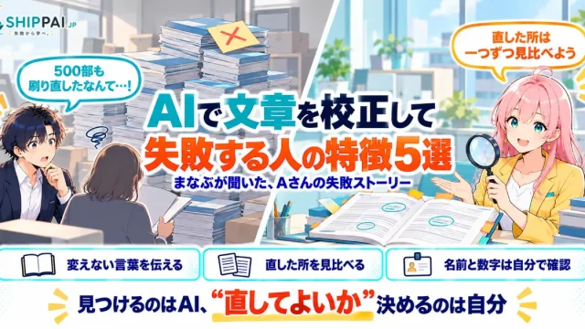 AIで文章を校正して失敗する人の特徴5選を紹介するSHIPPAI.JPの記事アイキャッチ。まなぶとみらいのイラスト付き