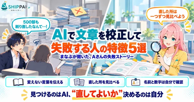 AIで文章を校正して失敗する人の特徴5選を紹介するSHIPPAI.JPの記事アイキャッチ。まなぶとみらいのイラスト付き