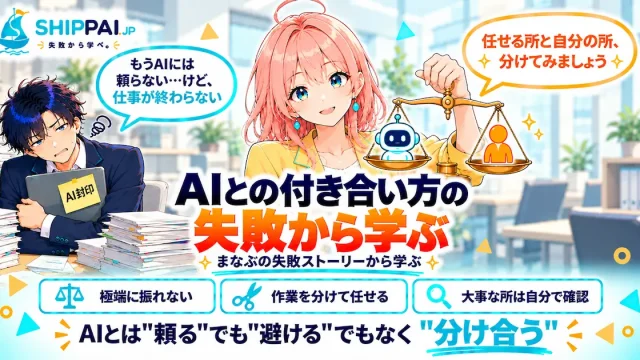 AIとの付き合い方の失敗から学ぶポイントを紹介するSHIPPAI.JPの記事アイキャッチ。まなぶとみらいのイラスト付き
