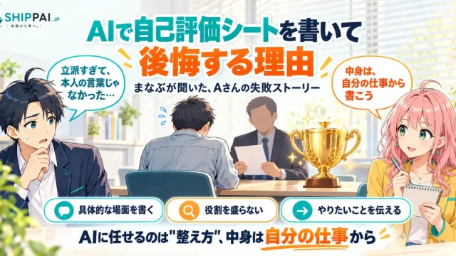 AIで自己評価シートを書いて後悔する理由を紹介するSHIPPAI.JPの記事アイキャッチ。まなぶとみらいのイラスト付き