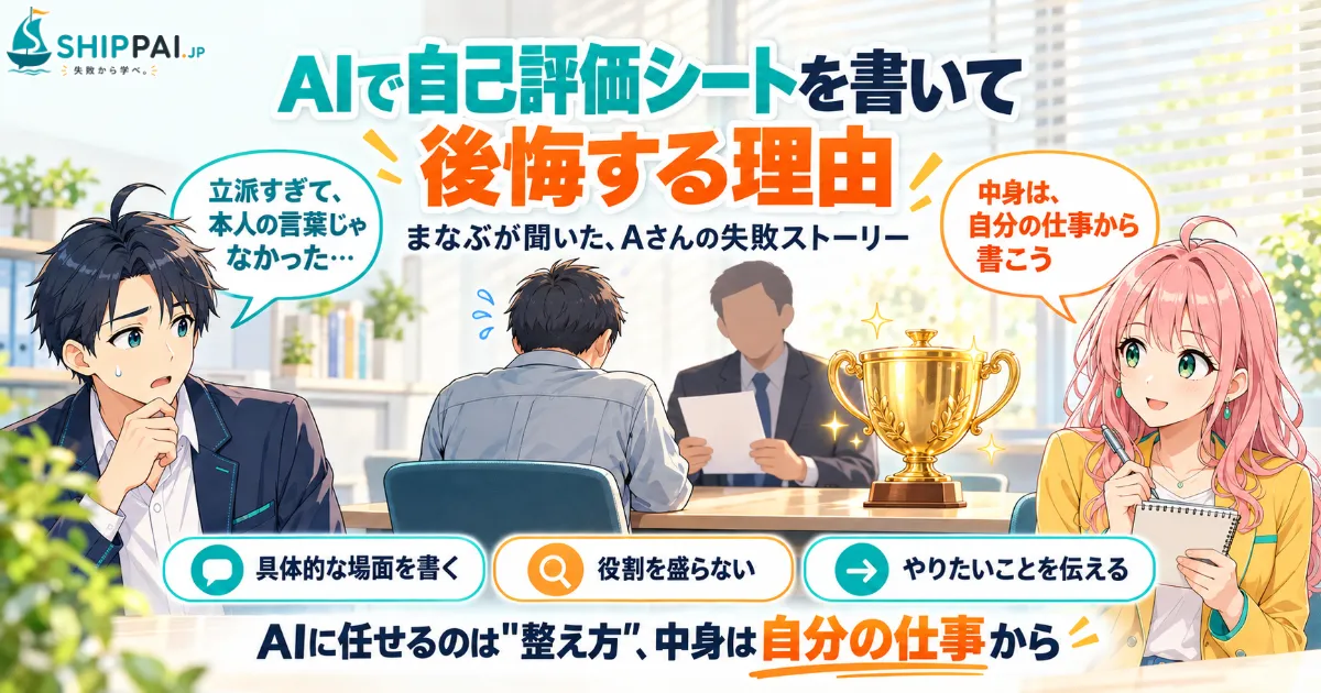 AIで自己評価シートを書いて後悔する理由を紹介するSHIPPAI.JPの記事アイキャッチ。まなぶとみらいのイラスト付き