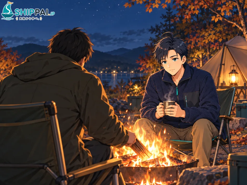 秋の夜のキャンプ場で焚き火を囲み、キャンプ仲間のAさんから評価面談の失敗の話を聞くまなぶのイラスト