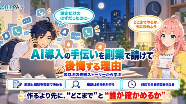 AI導入の手伝いを副業で請けて後悔する理由を紹介するSHIPPAI.JPの記事アイキャッチ。まなぶとみらいのイラスト付き