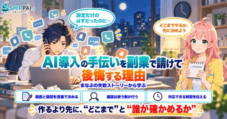 AI導入の手伝いを副業で請けて後悔する理由を紹介するSHIPPAI.JPの記事アイキャッチ。まなぶとみらいのイラスト付き