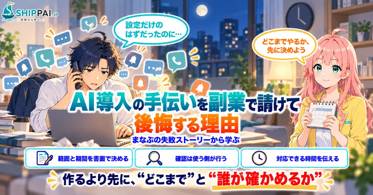 AI導入の手伝いを副業で請けて後悔する理由を紹介するSHIPPAI.JPの記事アイキャッチ。まなぶとみらいのイラスト付き