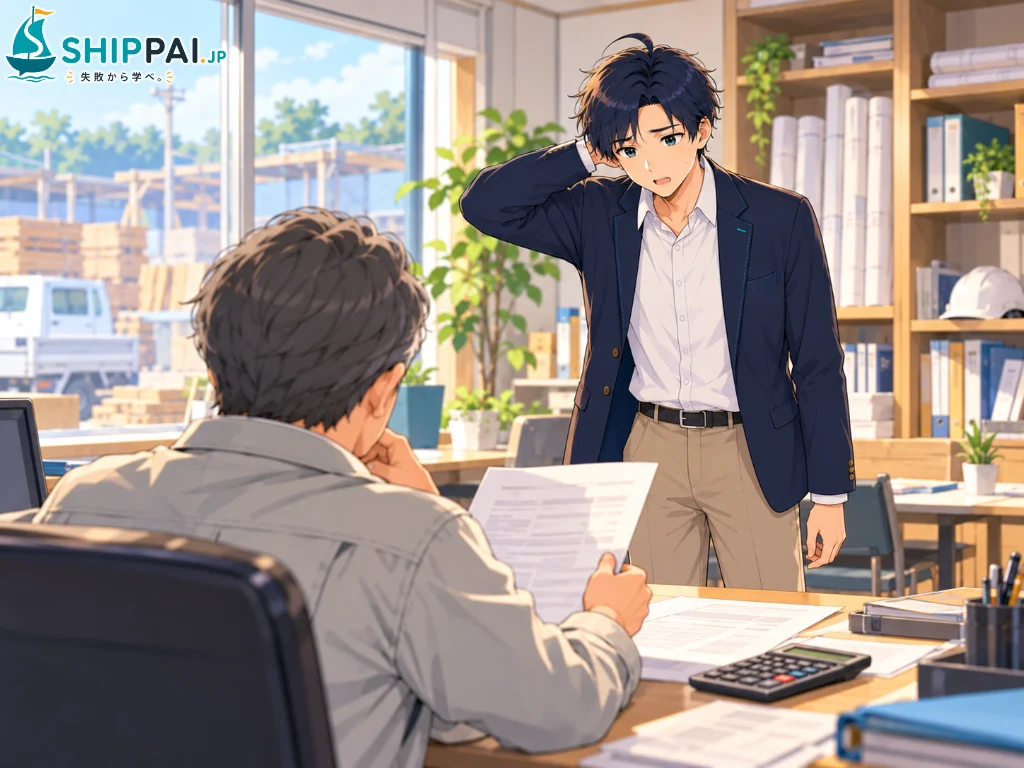 工務店の事務所で、見積もりの間違いについて社長に聞かれ、言葉に詰まるまなぶのイラスト